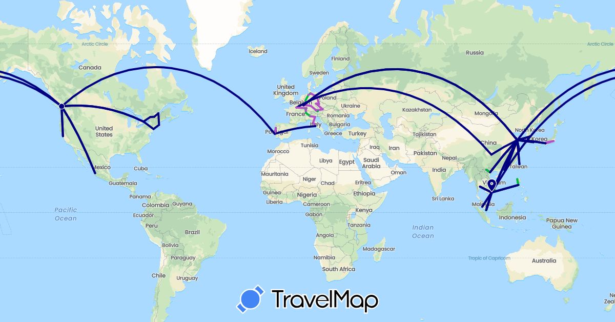 TravelMap itinerary: driving, bus, train in Austria, Canada, Switzerland, China, Czech Republic, Germany, France, Italy, Japan, South Korea, Luxembourg, Mexico, Malaysia, Philippines, Portugal, Singapore, Thailand, Taiwan, United States, Vietnam (Asia, Europe, North America)
